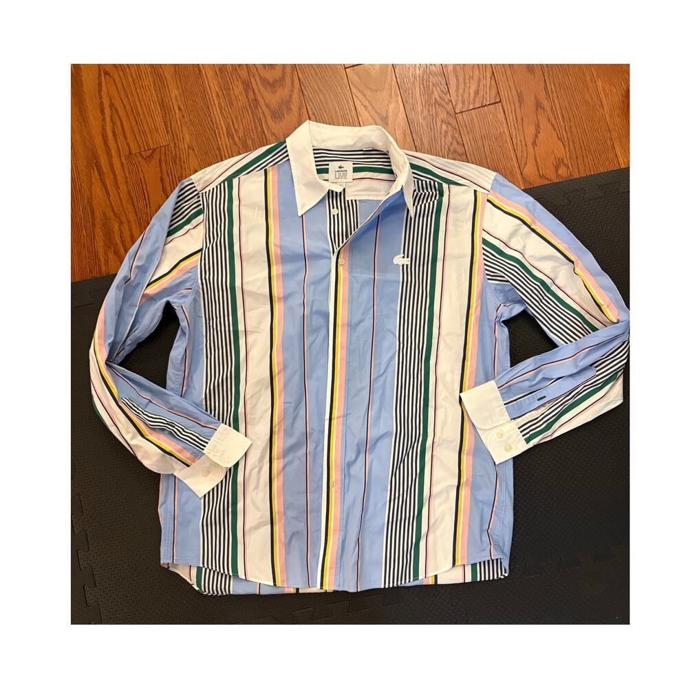 LACOSTE Men’s LIVE Relaxed Fit Mismatched Stripes Cotton Shirt Size 42 Large